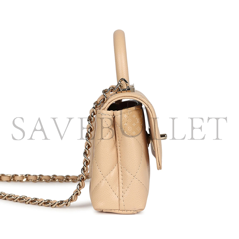 CHANEL MASTER CAVIAR NANO COCO TOP HANDLE FLAP BAG LIGHT GOLD HARDWARE LIGHT BEIGE AP4245 (11*9*5cm)